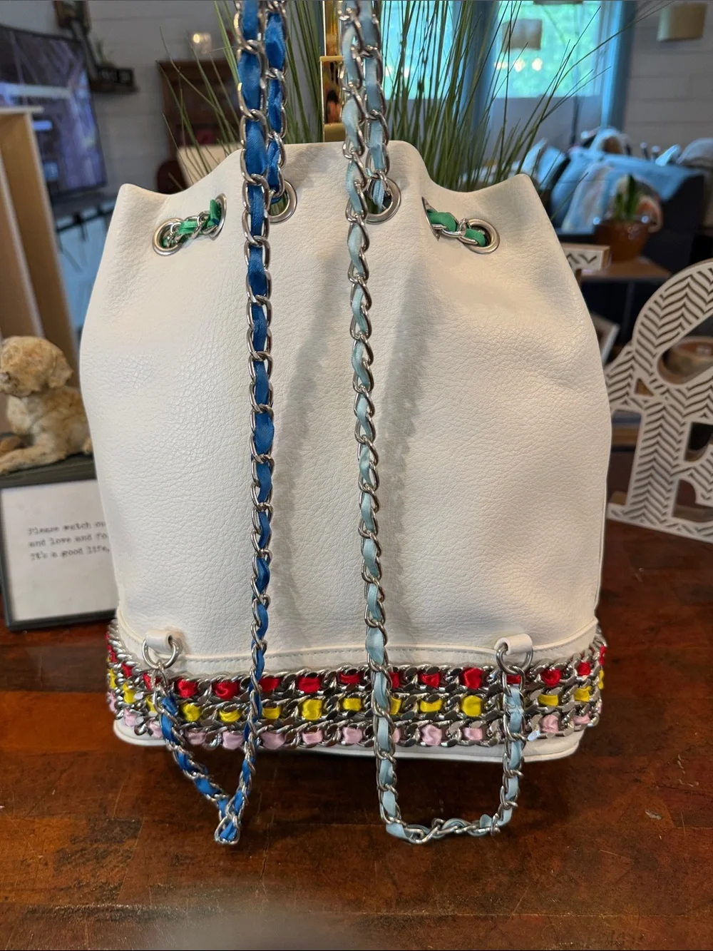 Betsey Johnson White Bucket Bag with Multicolor Chain Trim